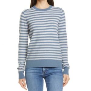 Vince 100% Cashmere Sweater Blue Gray Striped Size M Crew Neck Ribbed Trim
